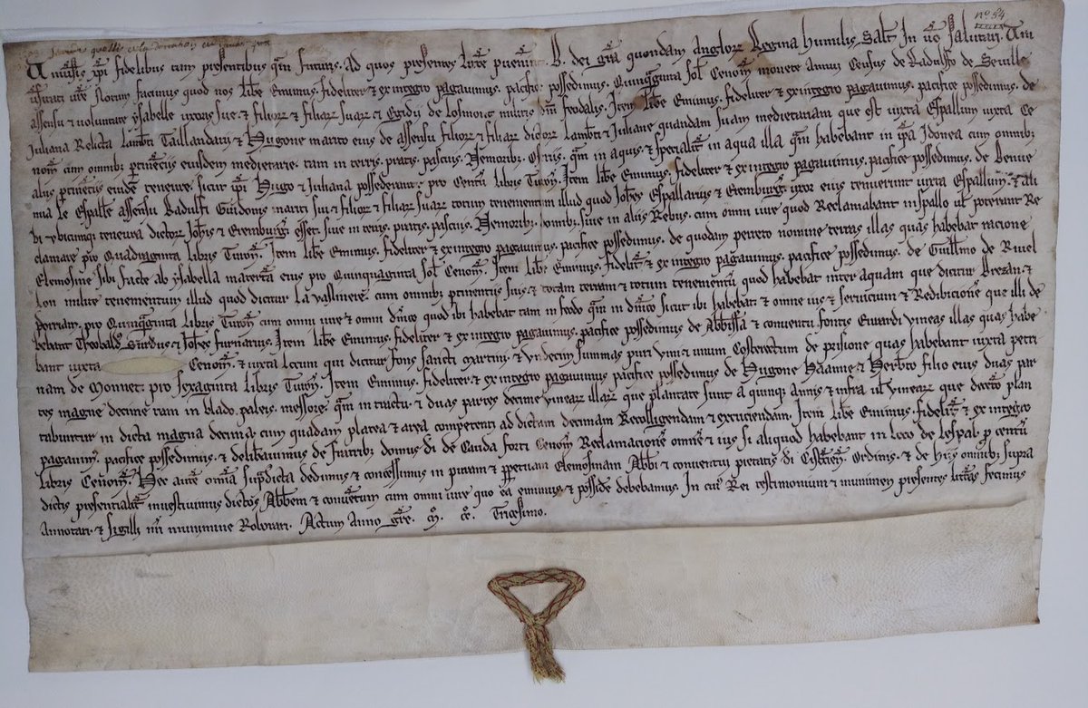 ThibaultGaburon's tweet photo. L'anecdote Bérengère du jour : cette merveille, c'est la charte de donation de l'abbaye de l'Epau par Bérengère de Navarre en 1230. C'est un document hyper important, puisqu'elle conclut le projet de sa fin de vie : elle a passé des années à se battre... https://t.co/elaHF6Gnyd