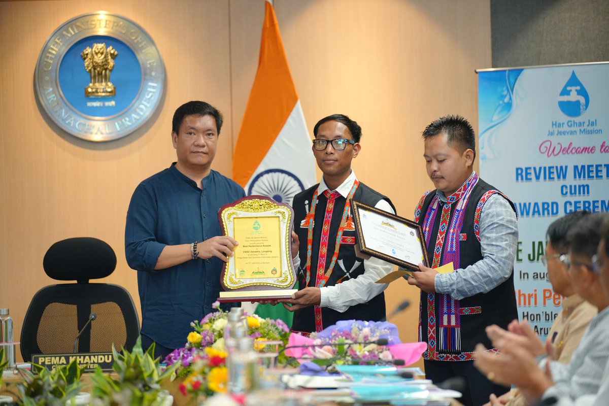 JjmArunachal's tweet photo. The Hon'ble CM of #ArunachalPradesh released the O&M handbook & the radio jingles of #JJM,followed by the CM award ceremony for #VWSCs,#ISAs,#JalSathee, lab assistants & block coordinators. Subsequently,a review meeting was held to assess the implementation status of #JJM & #SBM. https://t.co/QVjRIbvKbK