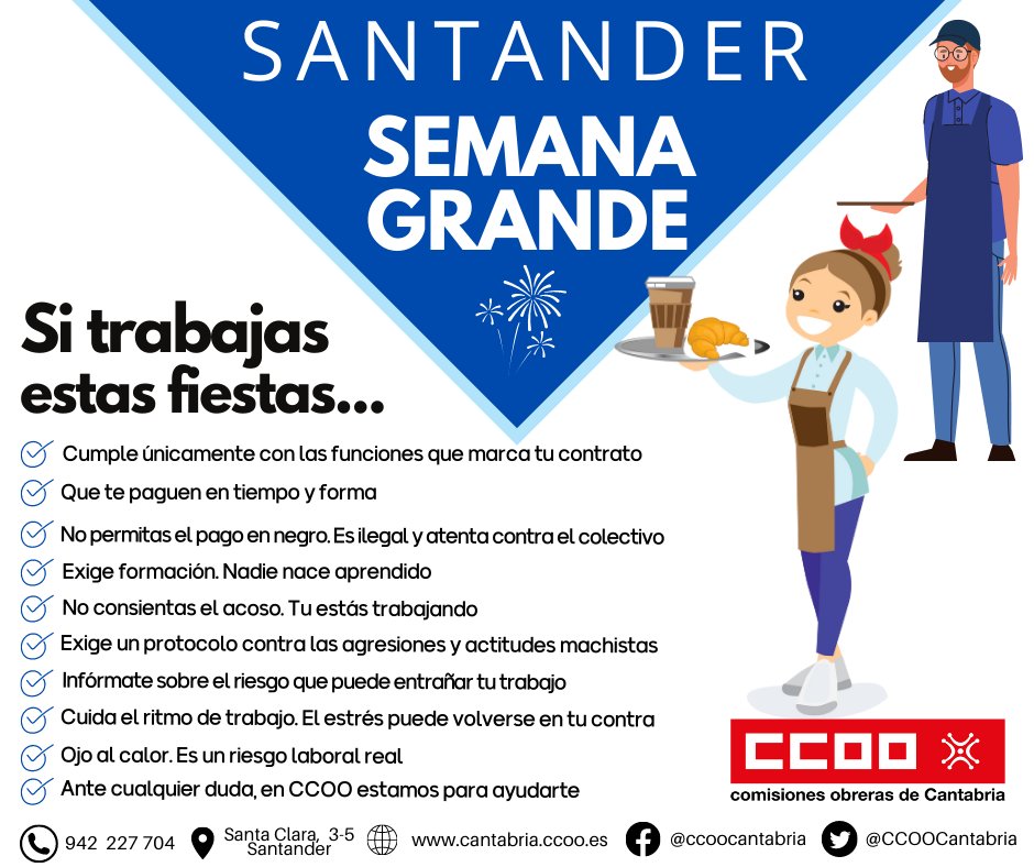CCOOCantabria's tweet photo. 💥¿TRABAJARÁS EN HOSTELERÍA DURANTE LA SEMANA GRANDE?
⚠️Recuerda: Mantén tus derechos
🧐En CCOO hemos realizado un decálogo con información importante a tener en cuenta que puede ayudarte a la hora de formalizar tu contrato.
💪Ante cualquier duda ven a CCOO. https://t.co/N4nIcFAGCm