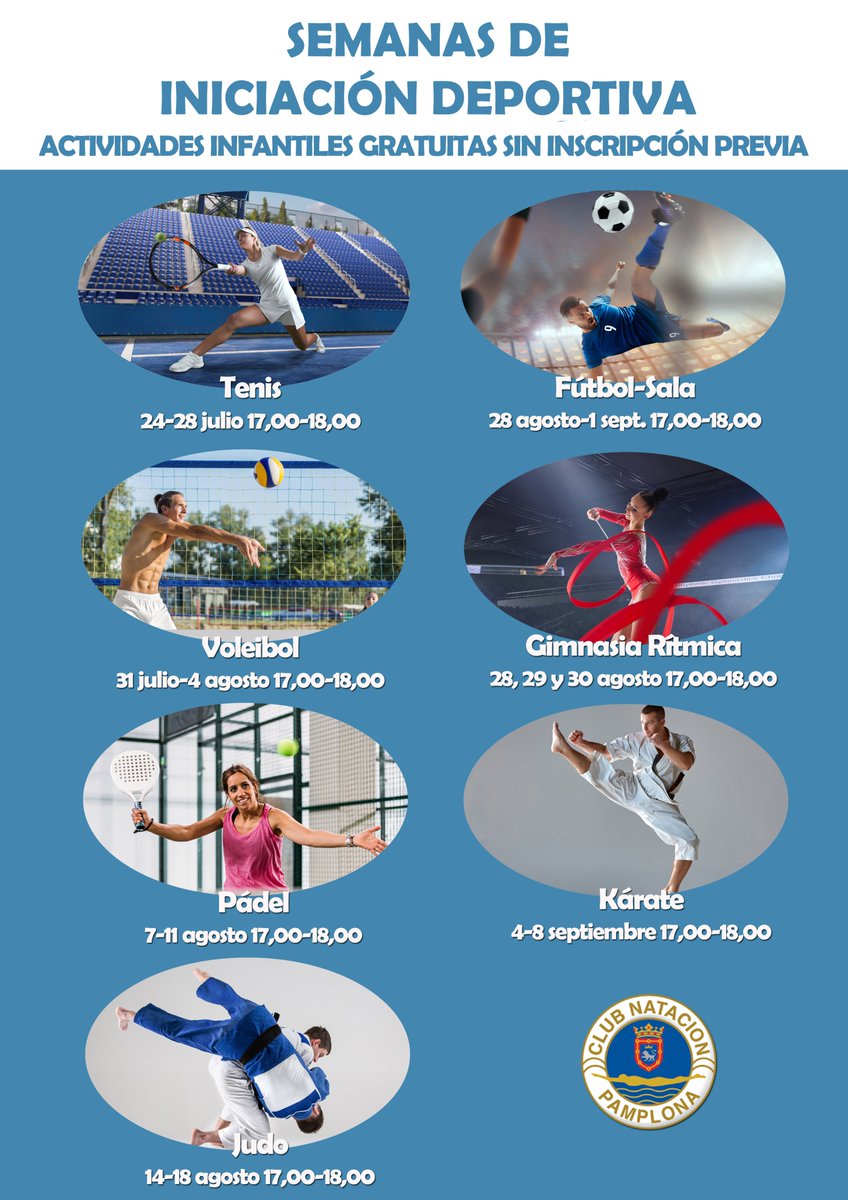 clubnatacion's tweet photo. Del 24/07 al 08/08 se llevarán a cabo las semanas de iniciación deportiva en el Club. Se van a organizar sesiones gratuitas y de libre acceso de #tenis, #voleibol, #pádel, #judo, #futbito, #gimnasia rítmica y #kárate, con horario de (17,00-18,00h)

¡Os esperamos! 🎾🏐⚽️🤸🥋 https://t.co/wtAt4M82OT