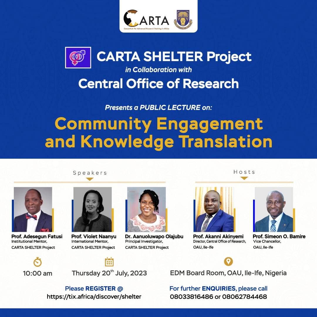 STTI_AAU's tweet photo. CARTA SHELTER Project and the Central Office of Research OAU 
Invites you 
Date/time: July 20, 2023 10:00am West Central Africa                                                                                          
Register in advance for this meeting: https://t.co/EKT9rjB2Lk https://t.co/Jul9uiWZWn