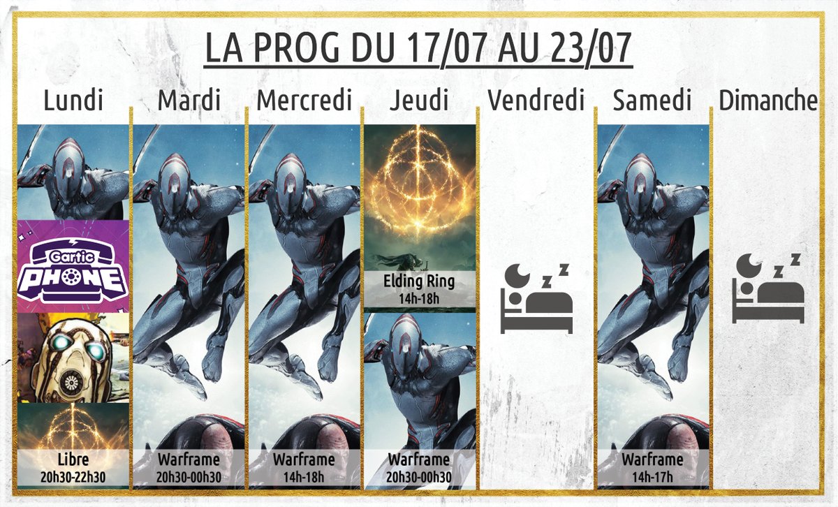 Et voici la prog de cette semaine !   
On enchaine  ce soir avec du #garticphone histoire de bien commencer la semaine .

Sinon à fond #warframe avec une touche d'#ELDENRING !

On se voir sur #twitch twitch.tv/likhann_ 

#twitchtv #twitchstreamer #live #streamer