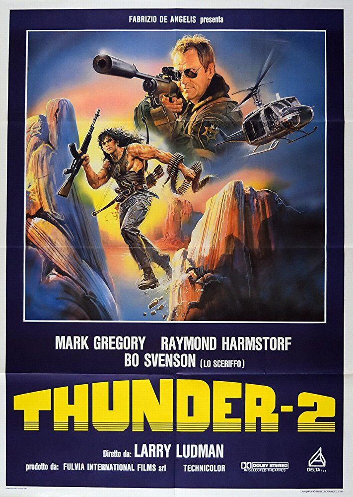 TheFilmFair's tweet photo. Italian film poster for #Thunder2 (1987 - Dir. #FabrizioDeAngelis) #MarkGregory #RaimundHarmstorf #BoSvenson #ThunderII https://t.co/PU1BY8gjhu