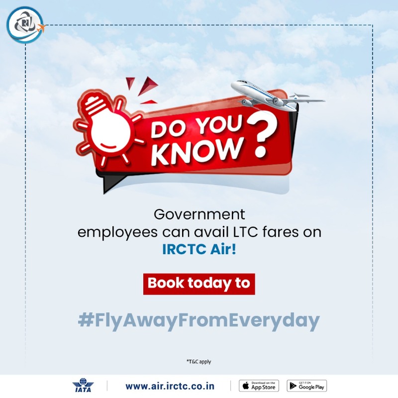 IRCTCofficial's tweet photo. Planning that long pending family vacation? If you are a govt. employee, we have exciting #LTCFares that you can avail of on your domestic travels.
To #FlyAwayFromEveryday at a convenience fee of Rs. 100, visit https://t.co/fLKvfBLWUz /#IRCTCAir app
#azadikirail