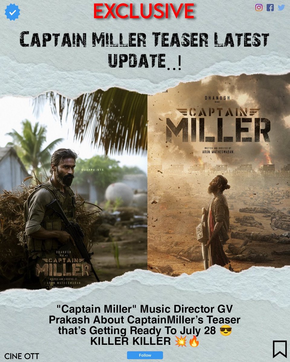 keeplvngcinema's tweet photo. Exclusive
🔸#CaptainMilIer : JULY 28 Release 🔥
▫️KILLER.. KILLER.. Captain MILLER⚡
🔺Follow For More Updates 🙏
🔹#Dhanush | #GVPrakash | #Arun #CaptainMilIerTeaser #CaptainMilIerFirstLook https://t.co/Iv5N3Ljqgb