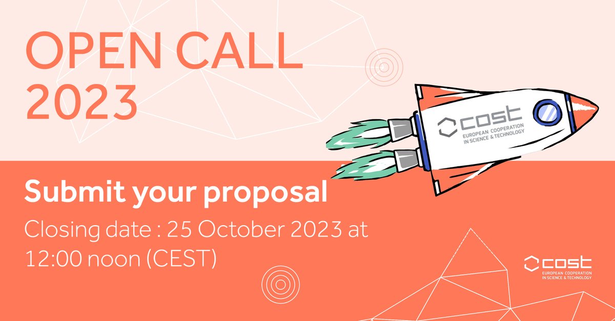 🚨 100 days to go! 🚀 Our Open Call 2022 for new COST Action proposals closes on 25/10. Further information: 🔹 COST Open Call bit.ly/3OfoqST 🔹 How to apply bit.ly/3GUfoYX 🔹 What do we fund bit.ly/3zhXTjq 🔹 Documents bit.ly/3MpsHl6