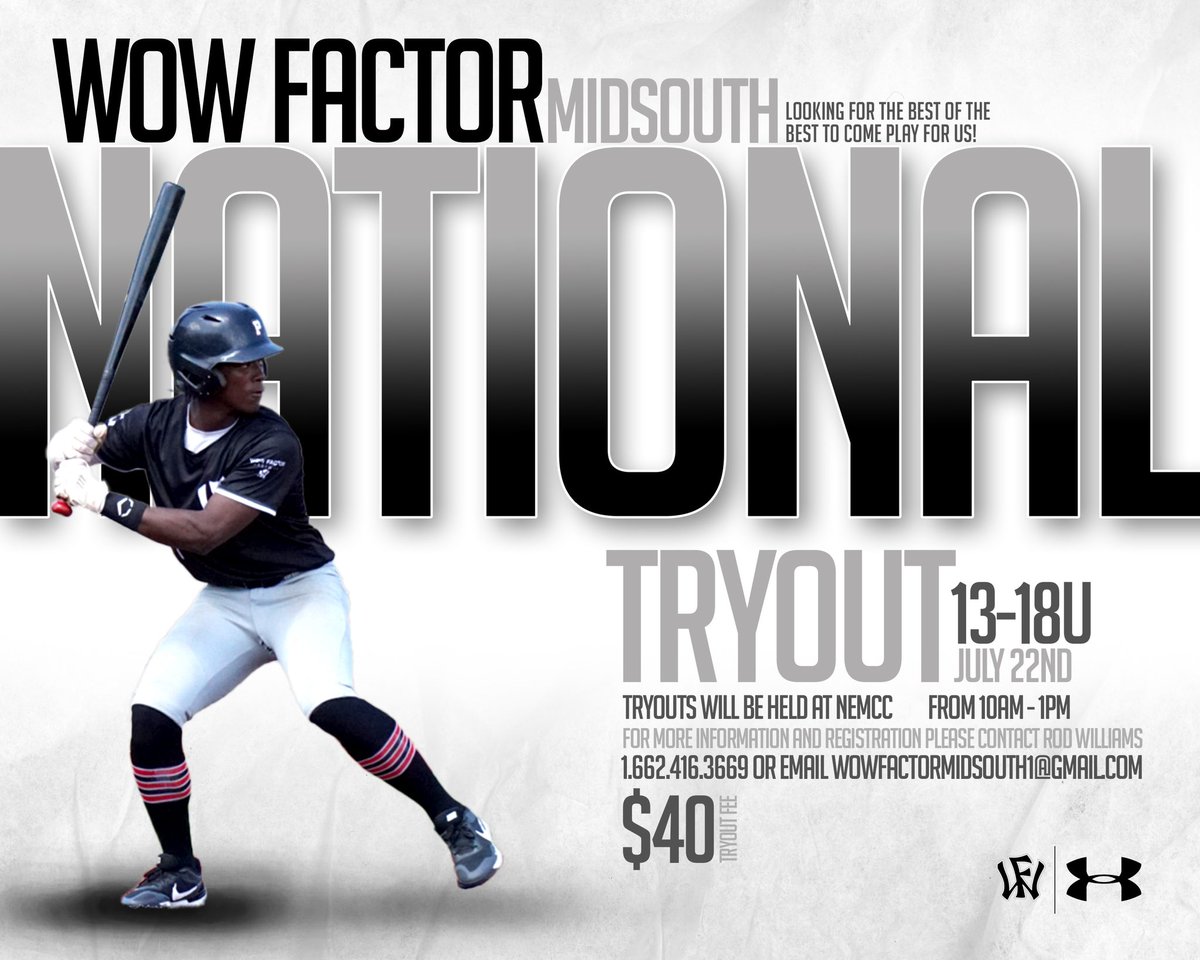 WF_NationSouth's tweet image. 🚨 Want to make one of our MidSouth National, Scout, or American teams

Register now for one of upcoming tryouts at Northeast Mississippi Community College ⬇️ 

wowfactorbaseball.leagueapps.com/events/3944256…