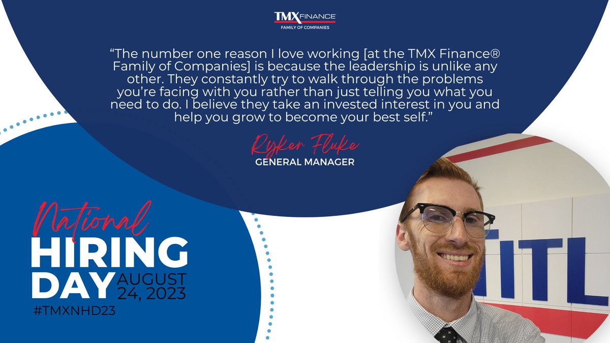 When you join the TMX Finance® Family of Companies you'll be challenged to grow, and you’ll have the resources and guidance to accomplish your goals. Explore our current openings and plan to visit us for National Hiring Day on August 24th! #TMXNHD23 >> tmxcareers.com