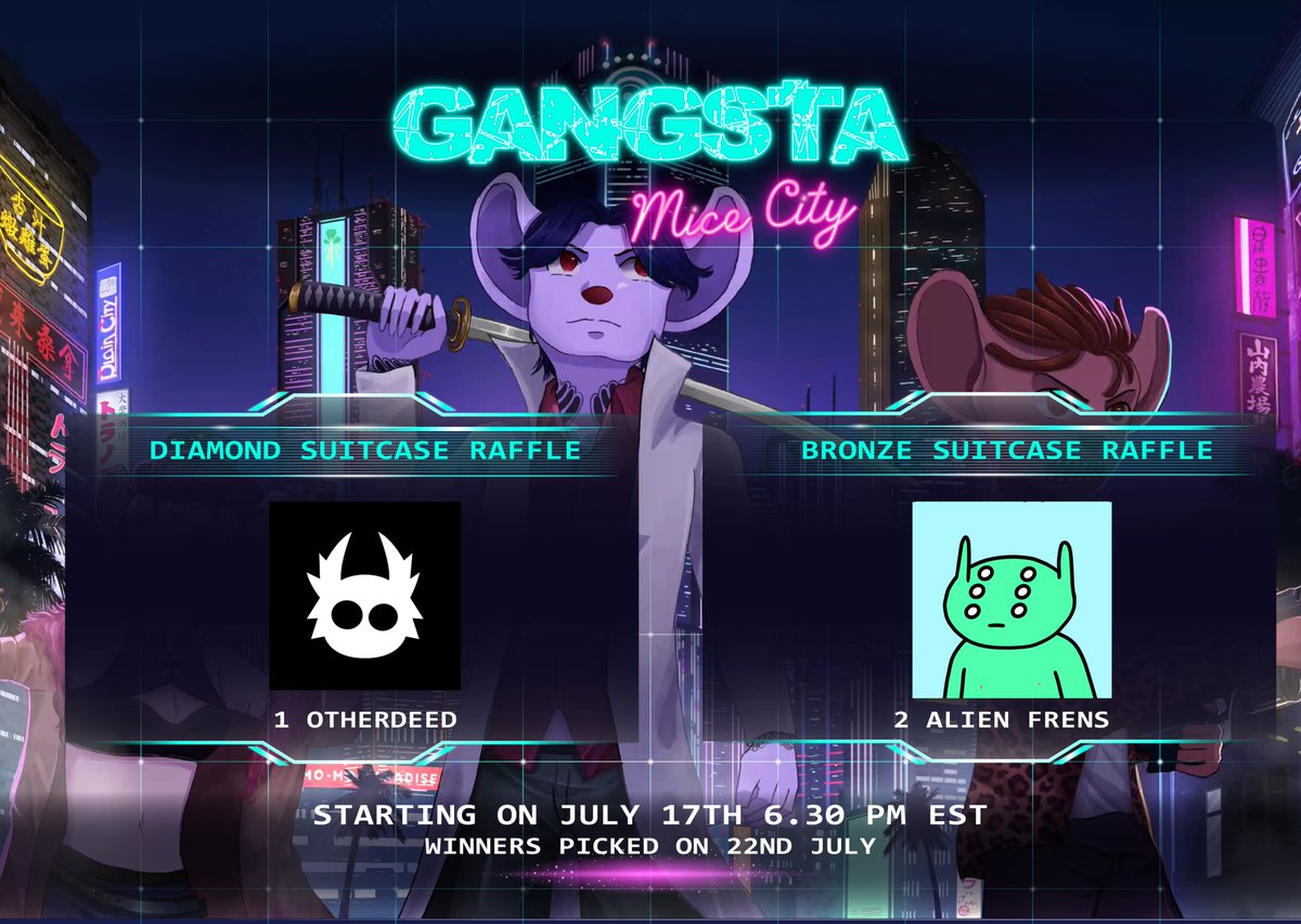 GMC_NFT's tweet photo. GM Gangstas! 🔴🟢🔵

Brace yourself for the release of two badass suitcases🧳: Bronze and Diamond!

These bad boys are stuffed with NFT gems like @alienfrens and Otherdeed.

Available with $MICE tokens, starting TODAY, 17th July, 6:30 pm EST. Winners get chosen on 22nd July 🔥 https://t.co/CkOeQRzKvA