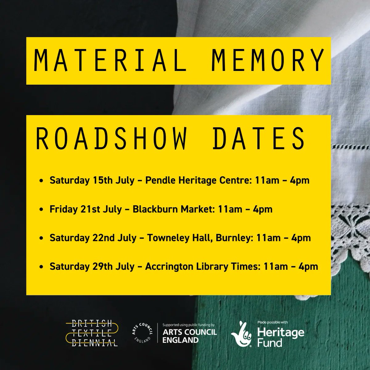 CALLOUT -  Material Memory Roadshow 

British @TextileBiennial is inviting you to share your memorable textile-related object as part of a crowd-sourced exhibition for #BTB23.

More info here:
britishtextilebiennial.co.uk/workshop/mater…