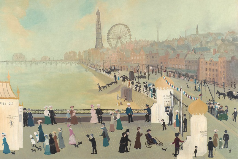 GroomB's tweet photo. Our First Morning in Blackpool, by Helen Bradley (1900-79). She began to paint her distinctive scenes of an Edwardian girlhood at the age of 65. #WomensArt https://t.co/iu9AZXcaWS