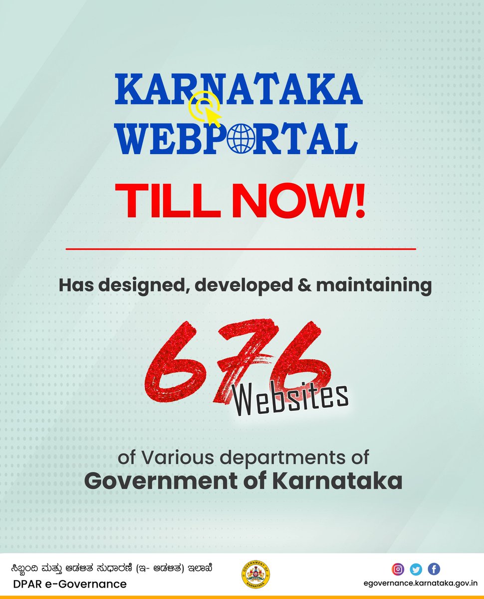egovkarnataka's tweet image. About 676 departmental websites of the Government of Karnataka have been designed and developed by Karnataka Webportal. Karnataka Webportal is happy to keep all these websites open for use.
#KarnatakaWebportal #CentreforeGovernance  #websitedesignanddevelopment #Karnataka