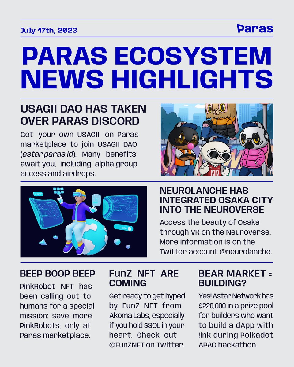 NarrativeHQ_'s tweet photo. 🚀 WEEKLY HIGHLIGHT OF PARAS ECOSYSTEM

The hottest news still comes from @USAGII_DAO, who is ready to take over the #web3 space! Follows by @neurolanche, @PinkRobotNFT, @FunZNFT by @AkomaLabs, and @AstarNetwork 🔥

Stay updated by following @ParasHQ &amp; comment down below! https://t.co/sswfX8cF3g