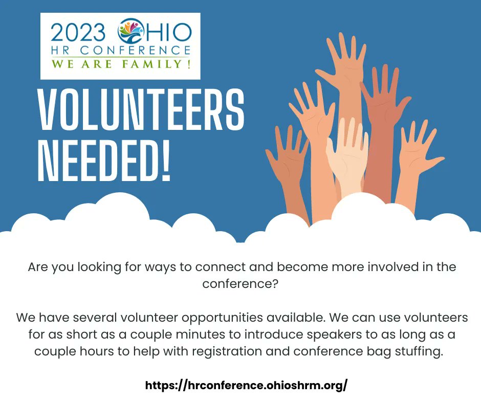 Volunteer Opportunities are open!!!! Get more involved at the Ohio SHRM Conference by volunteering! buff.ly/3JI8BUG
