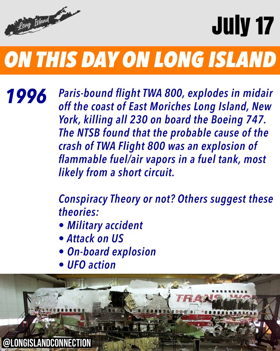 LIConnection's tweet photo. On this Day on Long Island:
1996: Flight TWA 800 explodes in midair off the coast of East Moriches.
#LongIslandConnection #onthisdayonlongisland #longislandhistory #flight800 #twa800 #twa https://t.co/ppcUxN0amd