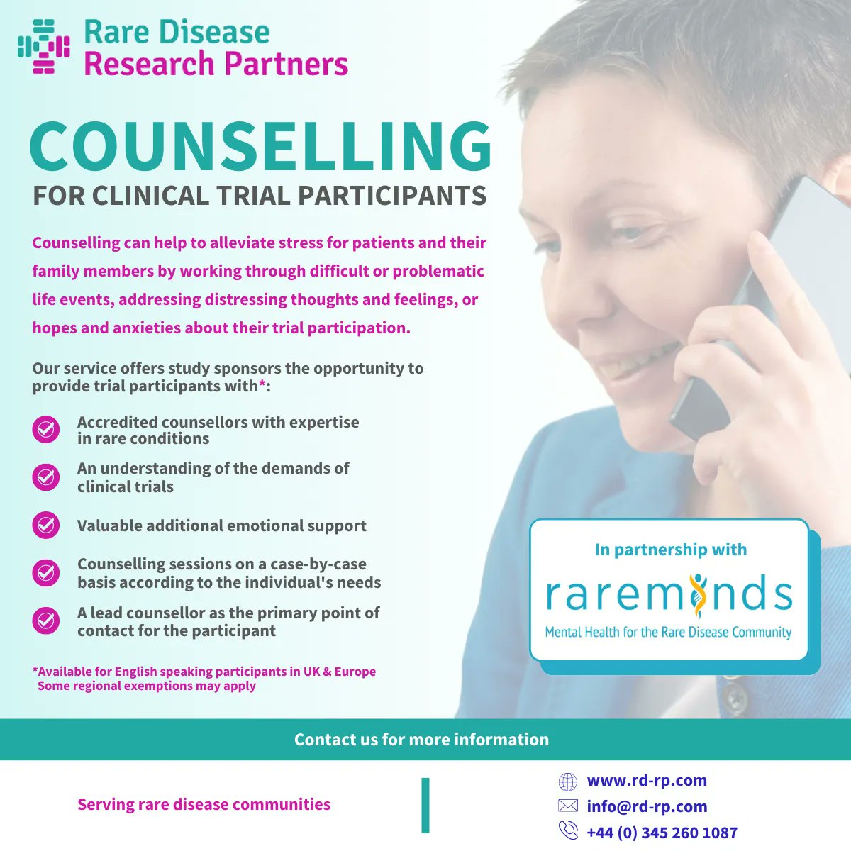 RD__RP's tweet photo. We are delighted to announce our NEW COUNSELLING PILOT INITIATIVE in partnership with @RaremindsUK 

If you would like more information about this invaluable service, please get in touch with our team at info@rd-rp.com
#clinicaltrials #rarediseases #counselling https://t.co/lCSWbs0uBr