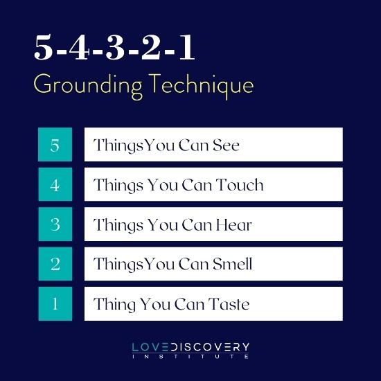 Let the 5-4-3-2-1 technique guide you back to a place of calm and centeredness.

#discoverlove #mentalhealth #therapy #healing #mindfulness #grounding #groundingtechnique #54321 #breathe #focus #calm #anxiety #discoveryourself #lovediscoveryinstitute