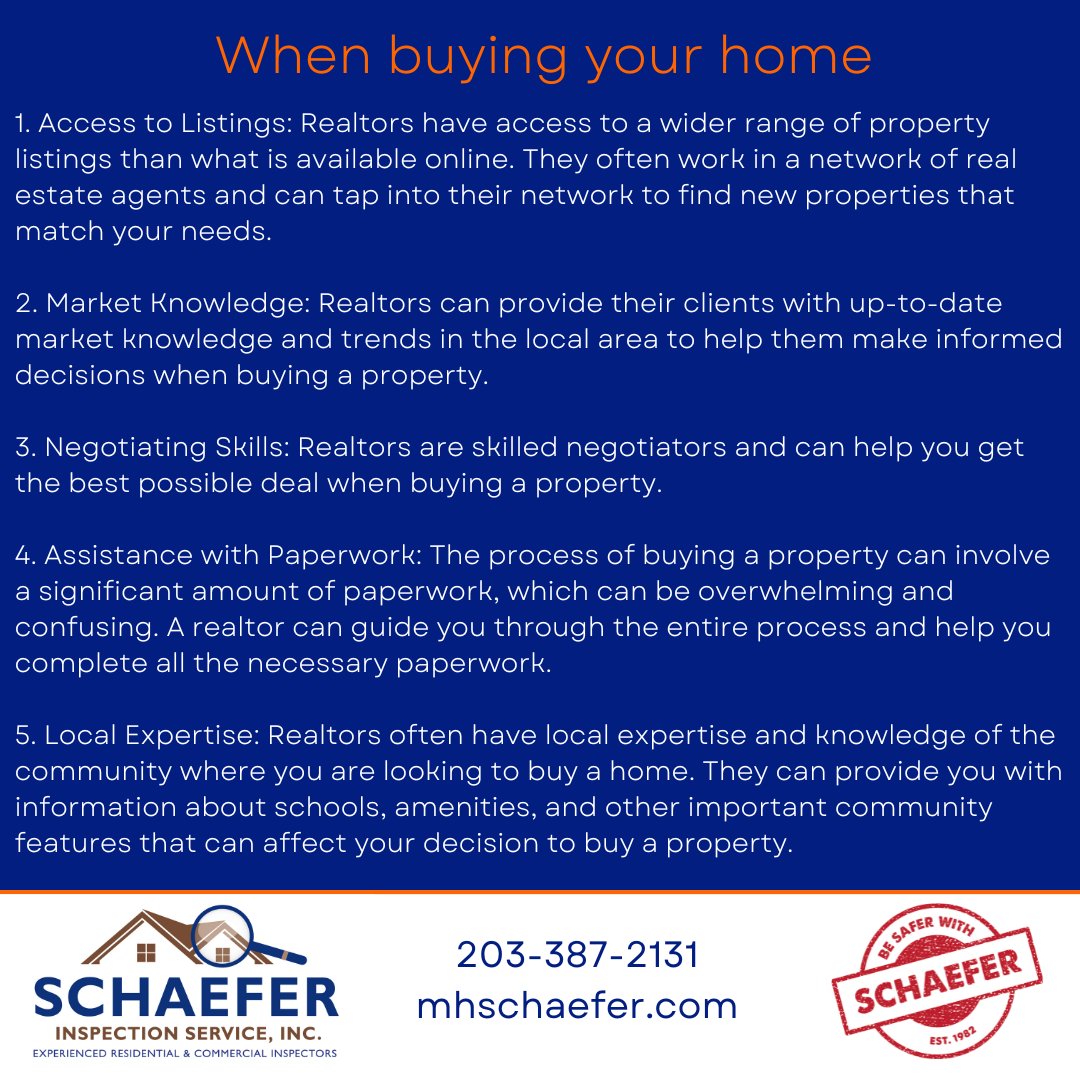 SchaeferInspect's tweet image. Don't go it alone when it comes to buying or selling real estate! A qualified realtor can provide you with the support, resources, and expertise you need to make the best transaction. Your future self will thank you for working with a realtor. 

#realtor #ctrealtor