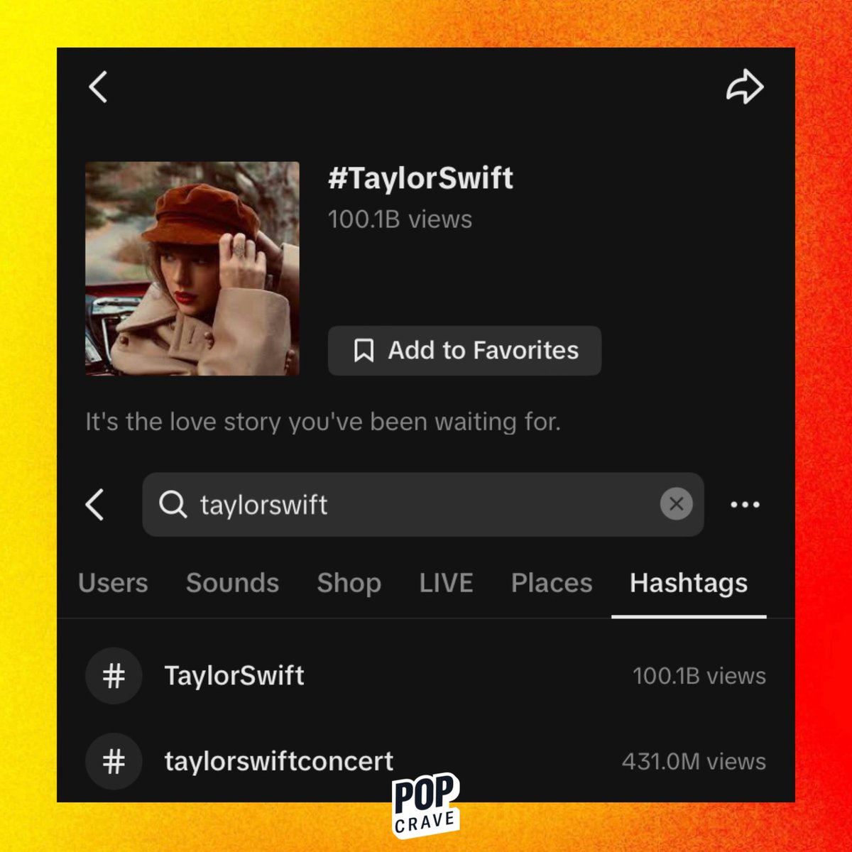 PopCrave's tweet photo. The ‘Taylor Swift’ hashtag has surpassed 100 BILLION total views on TikTok. https://t.co/Ki7AmnaR5B
