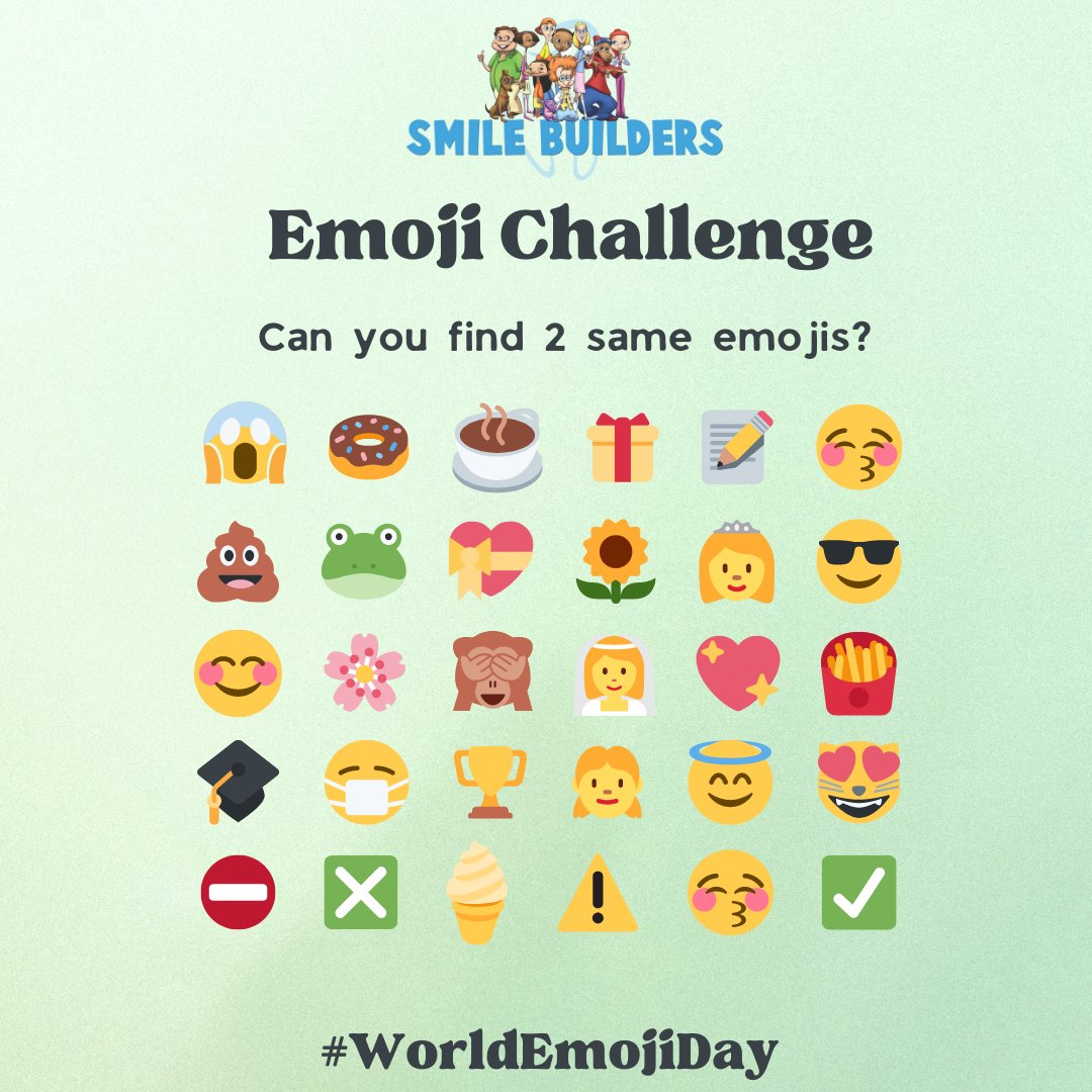 smilebuildersFL's tweet photo. Can you find 2 of the same emojis? 🤩
Happy #WorldEmojiDay!
😍🌟🐶😁🧡💤🌻🍎
Drop your favorite emoji in the comments below❗

#SmileBuilders #PediatricDentistry #Emoji #Emojis #EmojiChallenge #Fun #Games #Kids #Teens #Dunedin https://t.co/flWbGv96WC
