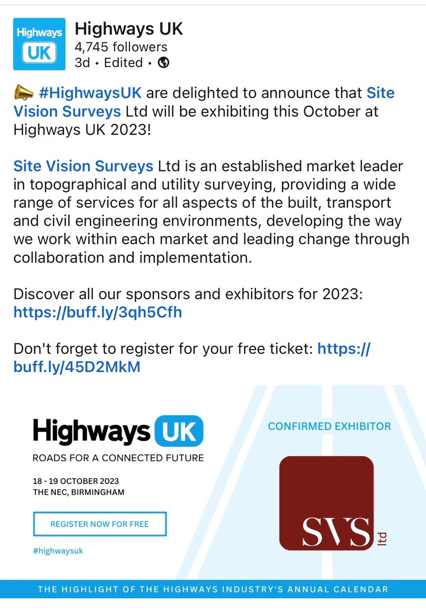 SVSLtdRugby's tweet photo. We are equally delighted π to be returning to this years Highways UK exhibition - NEC 18th to 19th October - come π us on stand 132a #HighwaysUK #gpr #buriedutilitydetection #surveying #pas128 #qualityassurance https://t.co/LmnpeY9Jj5