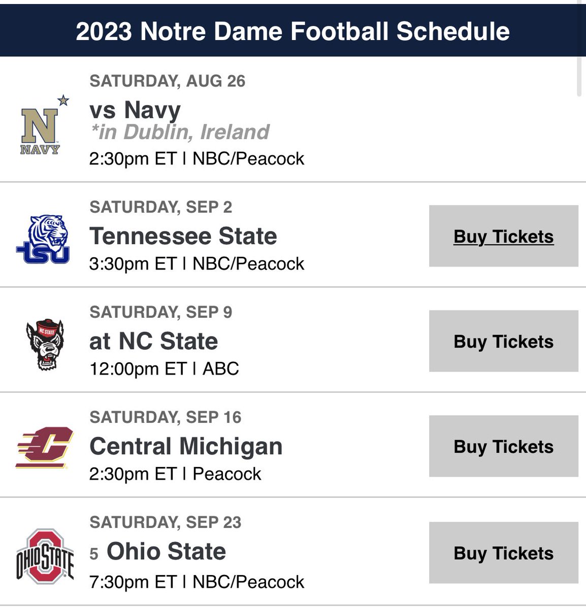 It’s college football so anything can happen, but there is a chance that Ohio State plays these 4 teams this year… 

If this happens, all 4 teams would most likely be in the Top 10. 

4-0 Notre Dame 
6-0 Penn State
7-0 Wisconsin
11-0 Michigan https://t.co/7qZXO5kCJd