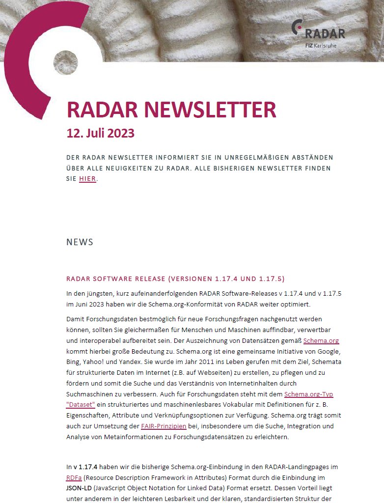 RADAR_Service's tweet photo. Frisch erschienen: der RADAR Newsletter!
Diesmal aktuell: Releases 1.17.x, Dockerisierung, Listung in @BASEsearch, #RADARLocal bei @Uni_WUE, #RADAR4Chem, #RADAR4Culture, Jahresbericht von @FIZKarlsruhe.
Newsletter-Archiv und Anmeldung: https://t.co/CS87GvOpim #Forschungsdaten https://t.co/qs0ahibMsw