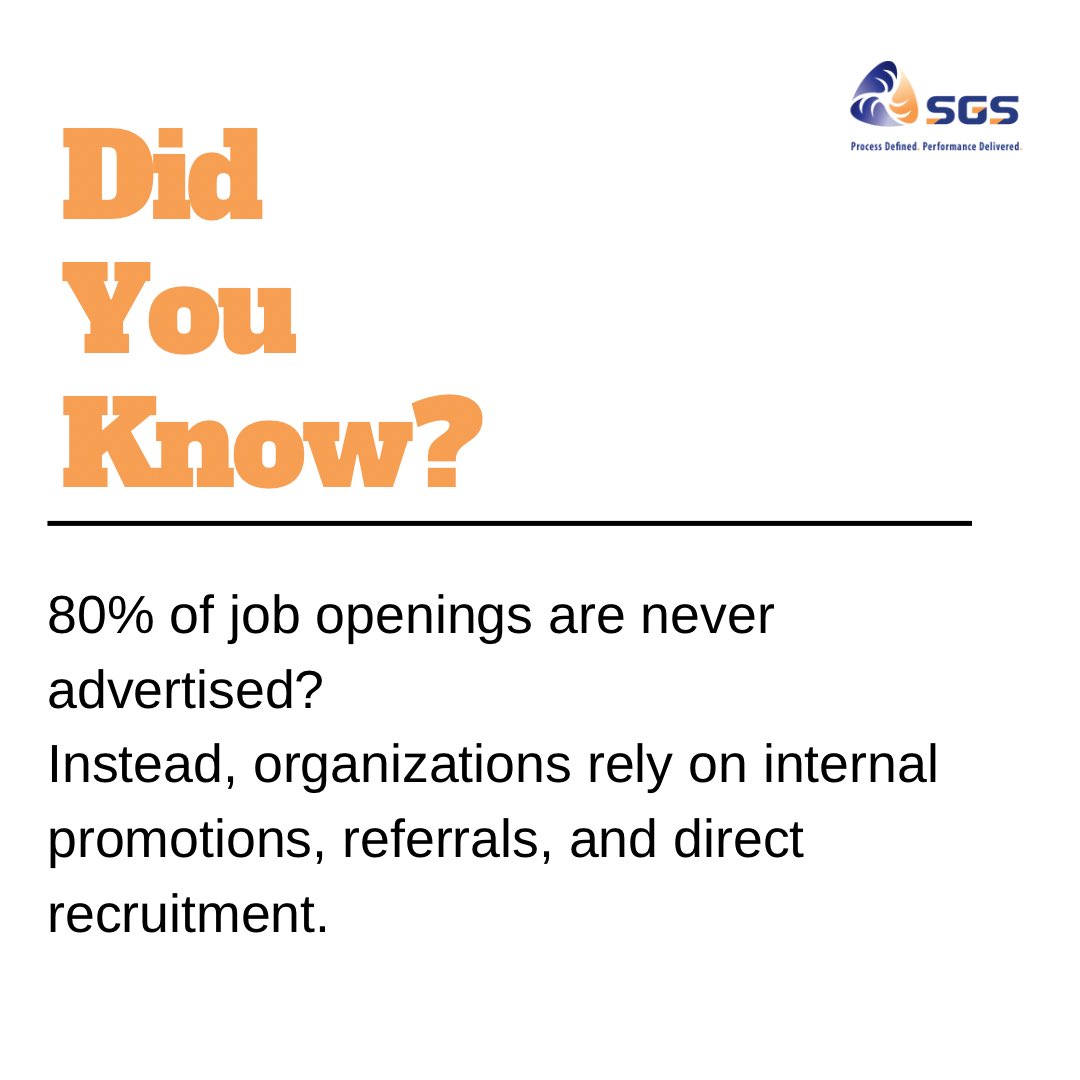SgsConsulting's tweet image. Did you know that 80% of job openings are never advertised? 

#SGSConsulting #recruitmentfacts #proactiverecruiting #ProfessionalConnections #JobSearchStrategies