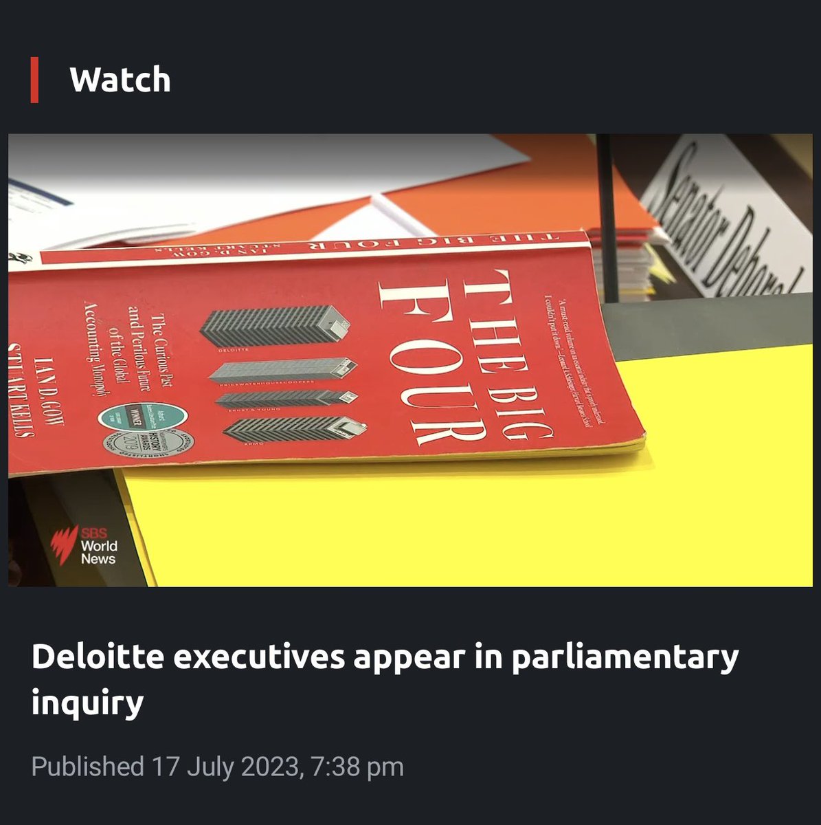 Stuart Kells (@stuartkells) on Twitter photo A well thumbed copy of The Big Four in the Senate today. #BigFour <a href="/latrobe/">La Trobe University</a> <a href="/LaTrobeBusiness/">La Trobe Business School (LBS)</a> @BlackIncBooks <a href="/iandgow/">Ian Gow</a> <a href="/SBSNews/">SBS News</a>: Deloitte executives appear in parliamentary inquiry sbs.com.au/news/video/del… A well thumbed copy of The Big Four in the Senate today. #BigFour <a href="/latrobe/">La Trobe University</a> <a href="/LaTrobeBusiness/">La Trobe Business School (LBS)</a> @BlackIncBooks <a href="/iandgow/">Ian Gow</a> <a href="/SBSNews/">SBS News</a>: Deloitte executives appear in parliamentary inquiry sbs.com.au/news/video/del…