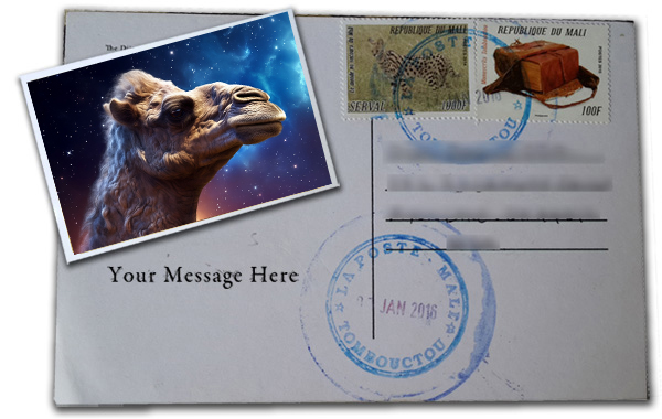 This camel is not real. But Timbuktu is! You can now get an AI generated camel in space and have it sent from Timbuktu to anywhere in the world with a custom message. postcardsfromtimbuktu.com/products/2-spa…