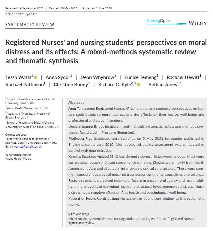 richardgkyle's tweet photo. 🆕 Systematic Review on moral distress in registered nurses and nursing students now published in @NursingOpen.

Led by @tesswatts15 with superb team @deanwhybrow @EuniceTemeng @BundyC @SydorAnna @rachaelmhewitt @theappliedpsych

🔗 (£0) https://t.co/bz2suwfdUX https://t.co/ssAumMQAgx
