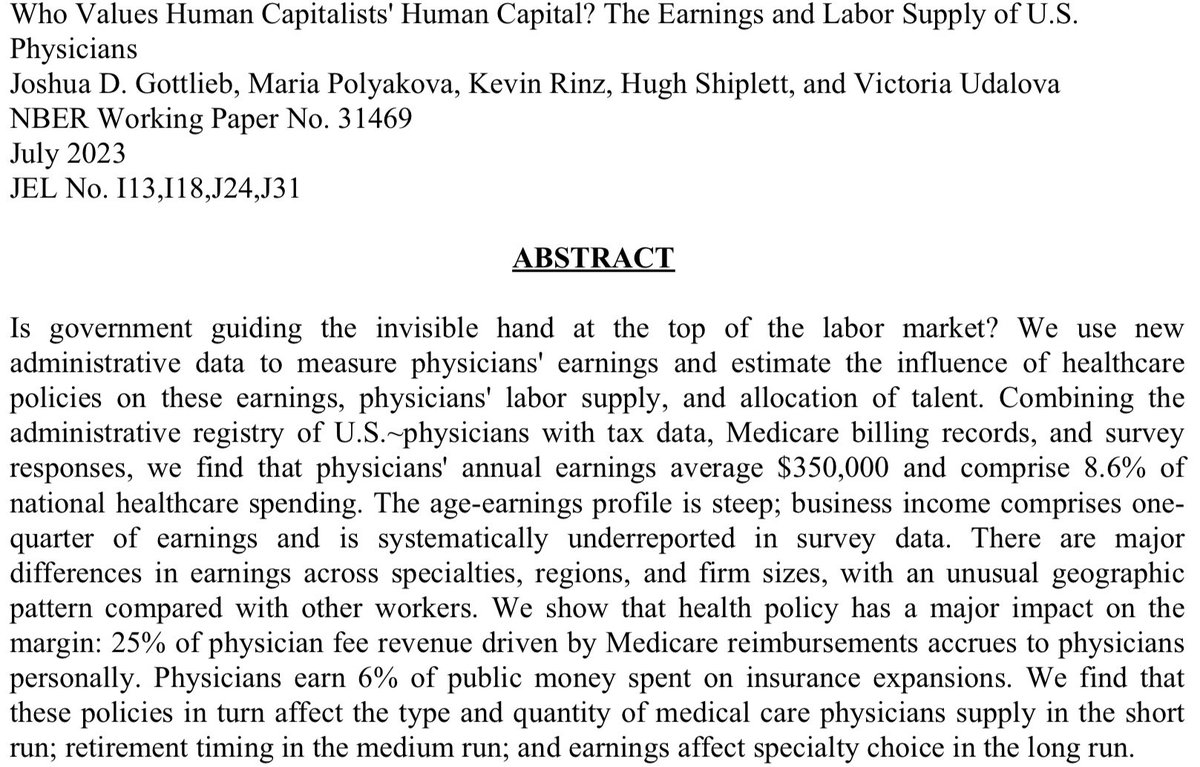 Updated working paper: we have more to say about physicians and their earnings!
NBER: nber.org/system/files/w…
BFI (ungated): bfi.uchicago.edu/wp-content/upl…
Brief: bfi.uchicago.edu/insight/resear…