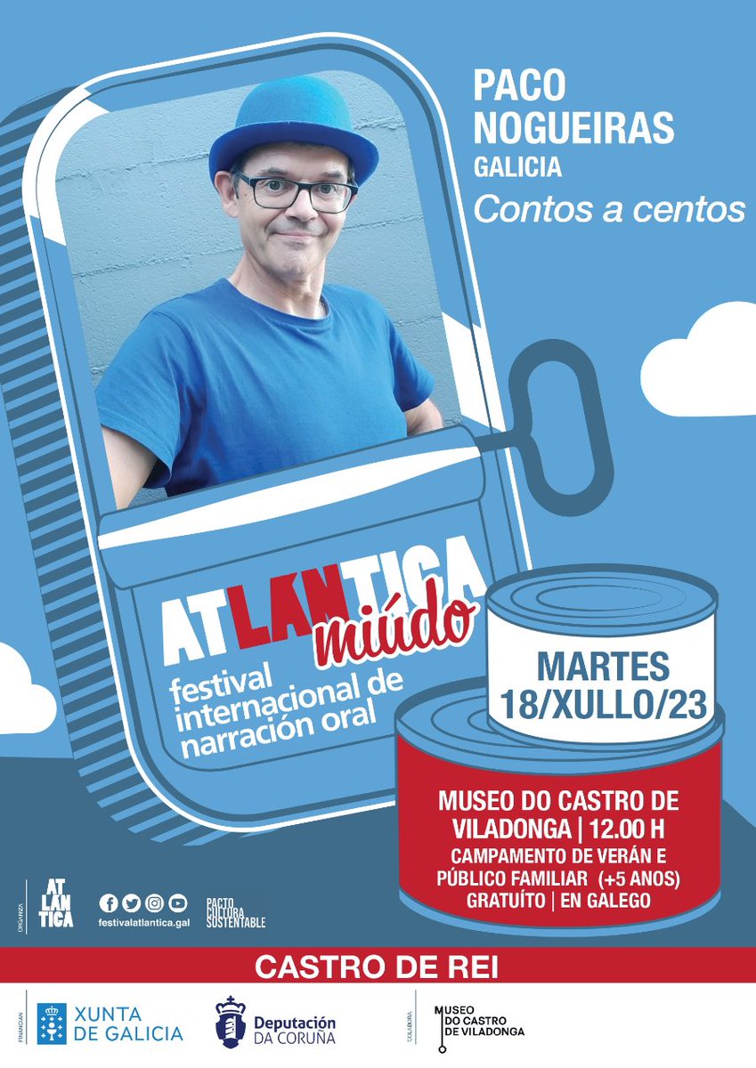 Mañá, 18 de xullo ás 12 h., no #MuseoCastroViladonga estará Paco Nogueiras con Contos a centos. Unha actividade gratuíta enmarcada dentro do Festival Internacional de Narración Oral Atlántica Miúdo. #MaisCultura