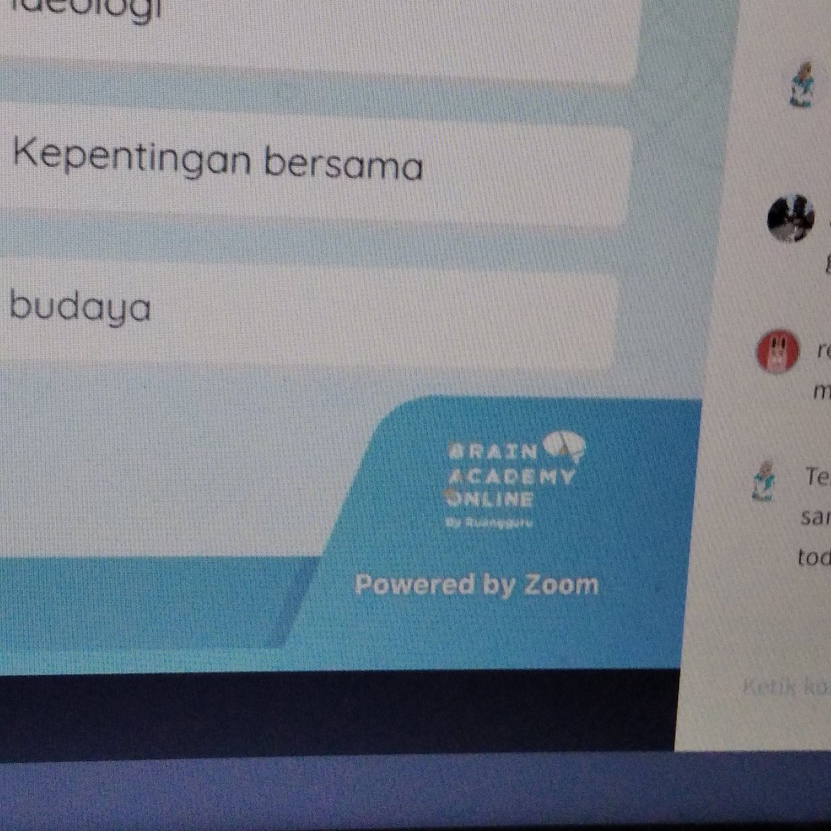📌 Monday (2023, July17th)
Kelas hari ini mayan seru tapi agak kesel soalnya Ada satu kuis yg aku terkecoh jawabnya 😭
