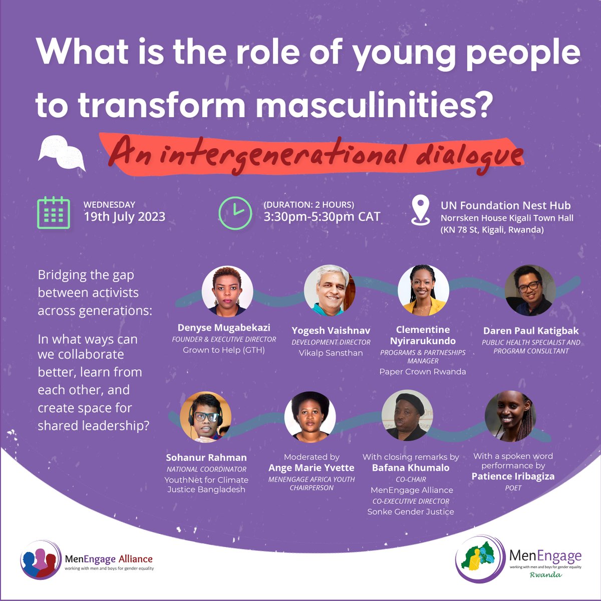 MenEngage's tweet photo. Join us on Weds 19th for an intergenerational dialogue asking ‘What is the role of young people to transform masculinities?’ #TransformingMasculinities #YoungPeopleLead #WomenDeliver #WD2023 #Kigali @MenEngageRwanda
Register now to join us: https://t.co/8J8jkPAY0L https://t.co/u0ICeYtzag