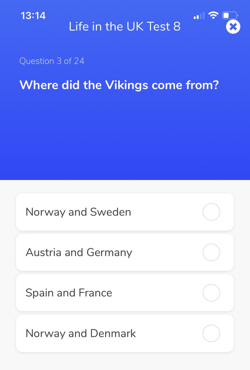 CatJarman's tweet photo. Oh look! Another #LifeInTheUK mock test gem. 😬

Thank goodness the Swedes have always been neutral. 

(This is from the revision app for the British Citizenship test) https://t.co/9VCAPQfNL8
