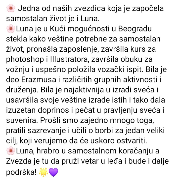 centar_zvezda's tweet photo. 🌸Luna, hrabro u samostalnom koračanju a Zvezda je tu da pruži vetar u leđa i bude i dalje podrška! 🌟💜
.
.
.
#centarzvezda #kućamogućnosti #houseofopportunity #supportfororphans #careleavers #careleaving #transitionhomes #osamostaljivanje https://t.co/Fg00znrcbZ