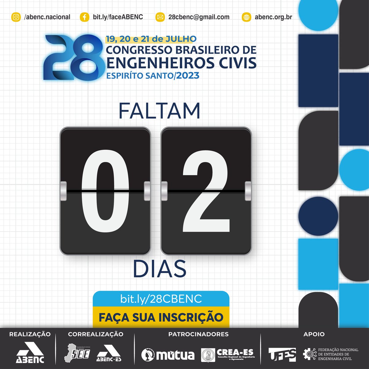 creaes's tweet photo. Faltam apenas 2 dias para o 28º Congresso Brasileiro de Engenheiros CiviS!!

📅 Reserve a data: dia 19, 20 e 21 de julho. Junte-se a nós em 3 dias repletos de aprendizado!

🔗 Faça sua inscrição em https://t.co/uCr9N8WJBZ https://t.co/NLx7KMmnqu