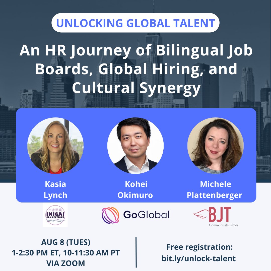 NihongoJobs's tweet photo. Do you hire or train employees in the US🇺🇸? 

Does your company work with Japan 🇯🇵 or use the #Japanese/English language / cultural combination?   

📣 Join this free webinar on Aug 8 to set yourself up for global business success 📣 

Registration: https://t.co/GnR9K6Ug7P https://t.co/z3HbQfPykP