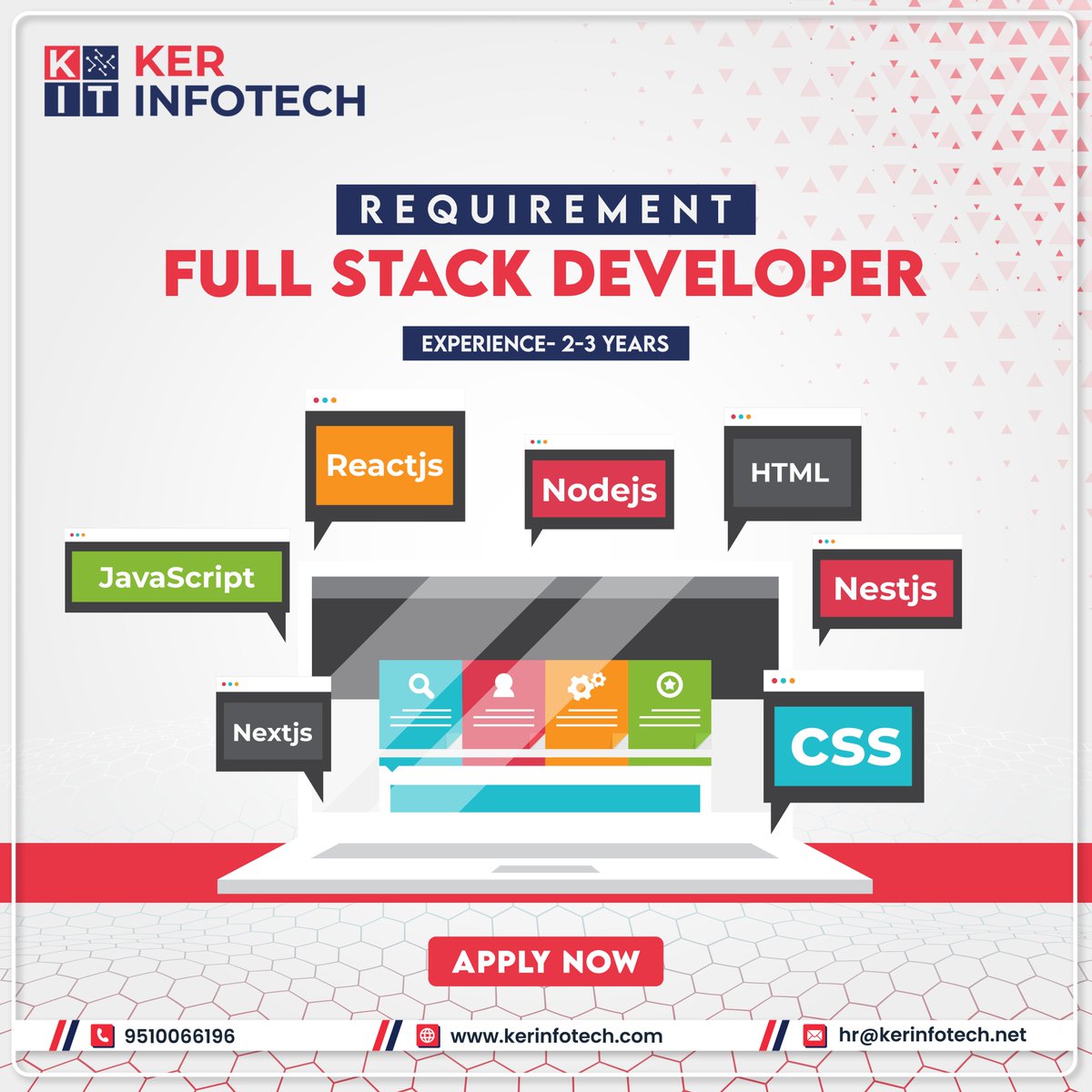 📢 We are #hiring.

Location - #Ahmedabad

#fullstackdeveloper #findapro #ahmedabadjobs #nodejs #nextjs #nestjs #js #htmlcss #reactjs