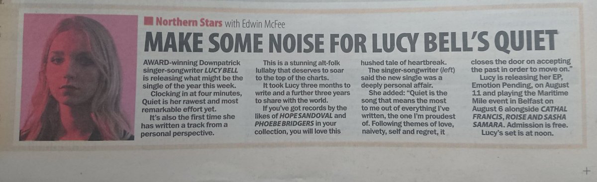 Amazing coverage for #Quiet in @edwinmcfee's #NImusic column #NorthernStars in
@TheSundayLife. '@LucyBellMusic is releasing what might be single of the year.' 😍
