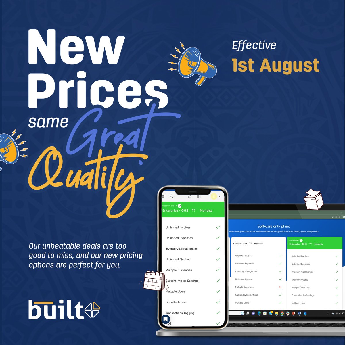 built_africa's tweet photo. Starting August 1st, we're introducing new pricing that will bring even more value to our amazing customers. Get ready to unlock incredible benefits and seize the opportunity to streamline your business finances today!
#newpricing #business https://t.co/KaXKXawvOY