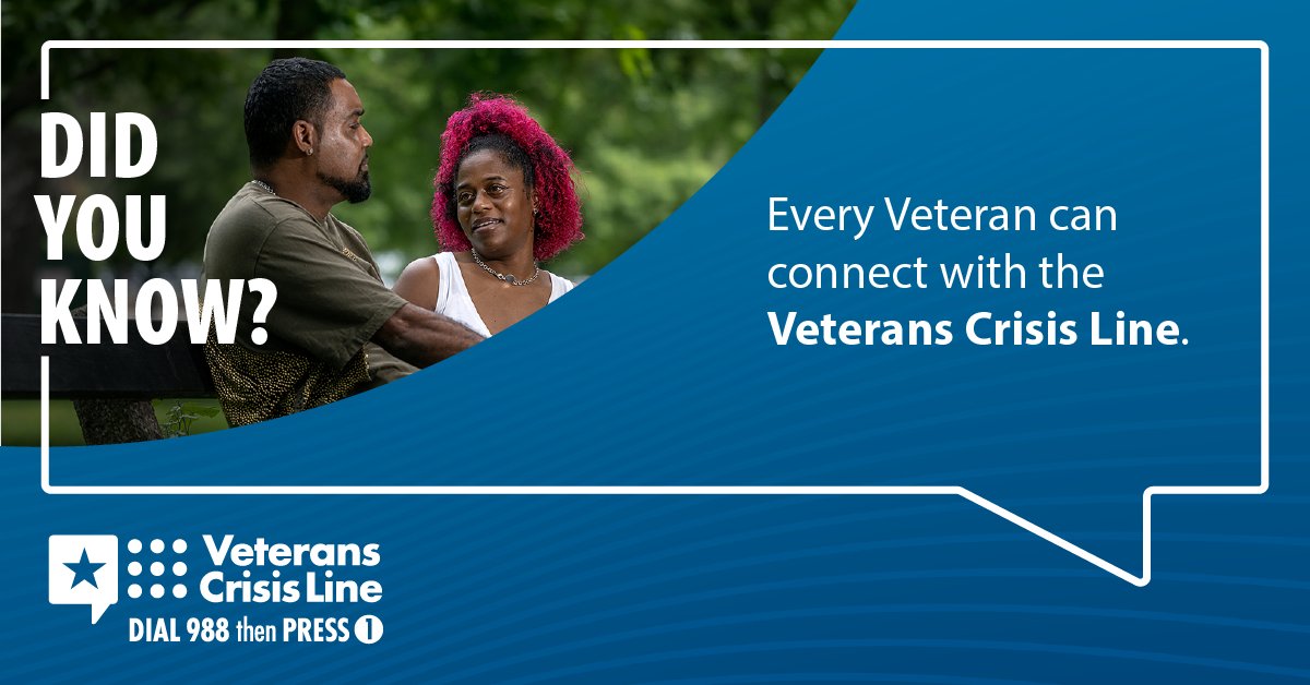 DeptVetAffairs's tweet image. No matter when you served. No matter your discharge status. No matter your VA benefits or health care enrollment. The #VeteransCrisisLine is available for you. 

Dial 988 then Press 1, chat at VeteransCrisisLine.net/Chat, or text 838255 to receive crisis support.