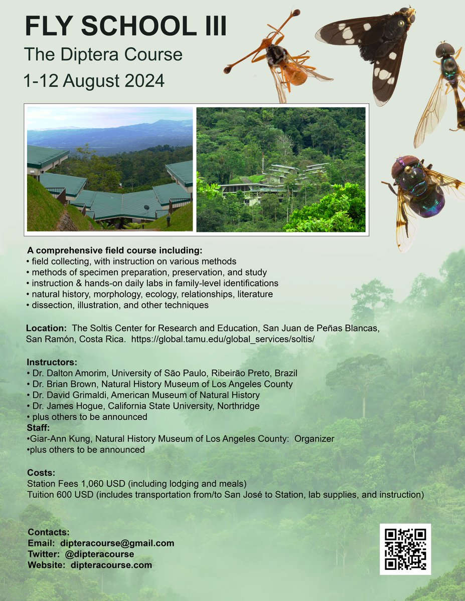 Save the Date: The next Fly School will be at the Soltis Center in Costa Rica, 1-12 August 2024! We are thrilled to finally offer the course again. If you have questions, find one of us at #ICDXReno or email us (info in flyer). Also joining is @jpgillung!!
