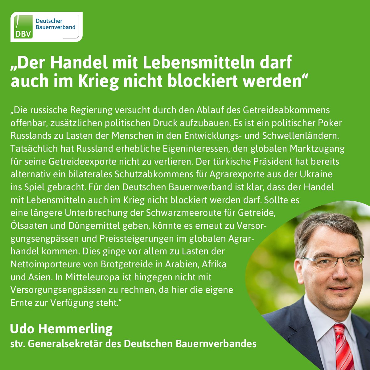 Bauern_Verband's tweet image. &quot;Dies ginge vor allem zu Lasten der Nettoimporteure von Brotgetreide in Arabien, Afrika und Asien&quot;, so Udo Hemmerling, stv. Generalsekretär des Deutschen Bauernverbandes, zum Ende des Schwarzmeer-Getreideabkommens zwischen der #Ukraine, Türkei und #Russland.   #Getreide