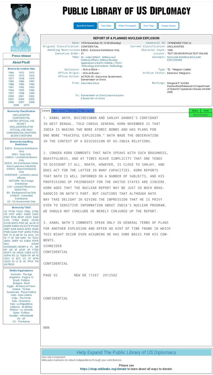 Mrsinha's tweet photo. This is a big expose! 
As per wikileaks, Congress leader KamalNath had leaked the information about India's nuclear test in 1976 to America. https://t.co/b3YUrcWw32