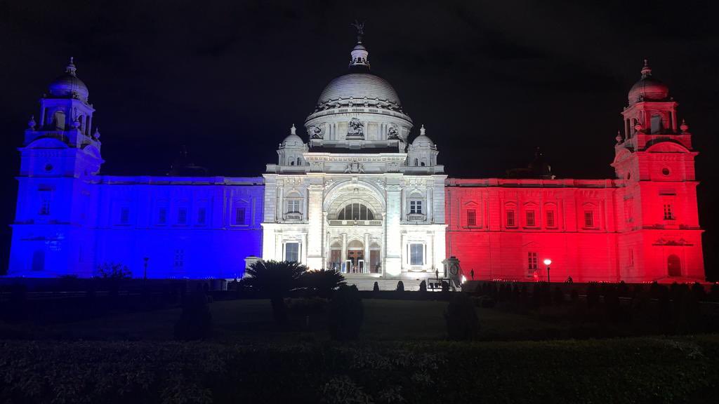 FranceinKolkata's tweet photo. Heartfelt thanks to #KoPT #WestBengal #MinOfCulture #GoI for having illuminated in 🇨🇵 tricolour built heritage sites to celebrate 🇫🇷🇮🇳  friendship on the occasion of National Day #14juillet2023 marking the historic @PMOIndia visit in Paris ! @CMOfficeWB #Paris 🇫🇷 #BastilleDay 🥂 https://t.co/SaEqTgPzn6