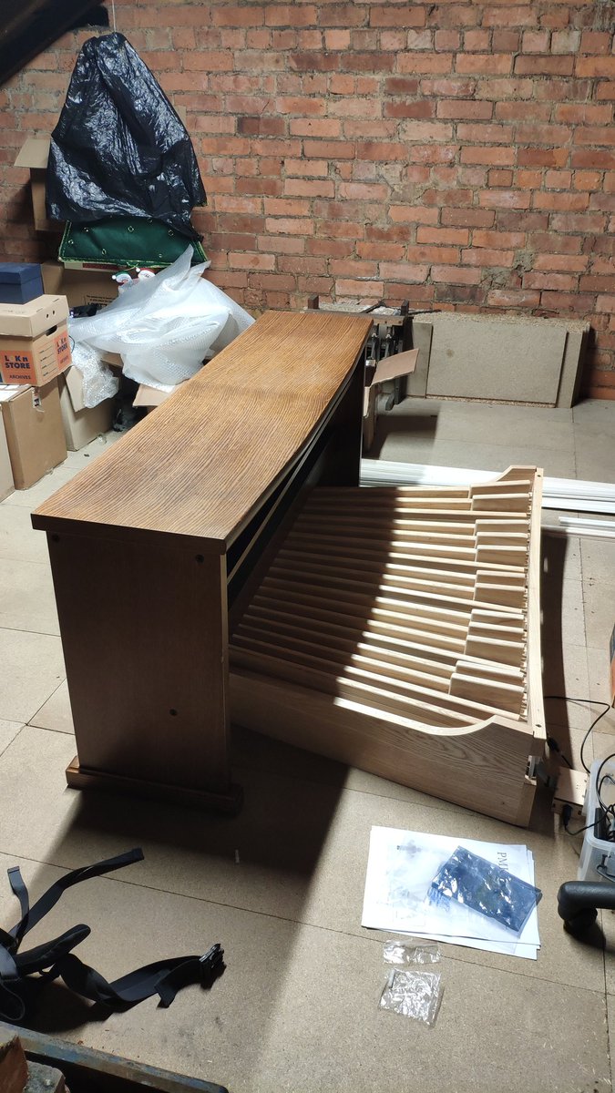 JacobSAllinson's tweet photo. This is my very shonky, very DIY VPO setup. Currently erected in my loft, because, out of respect for my wife, I couldn't take up this much room in our shared areas 😁. #Friesach sampleset running on #grandorgue on a modest laptop. Looks dreadful. Sounds great. Playing improving. https://t.co/UBenXx2VO5