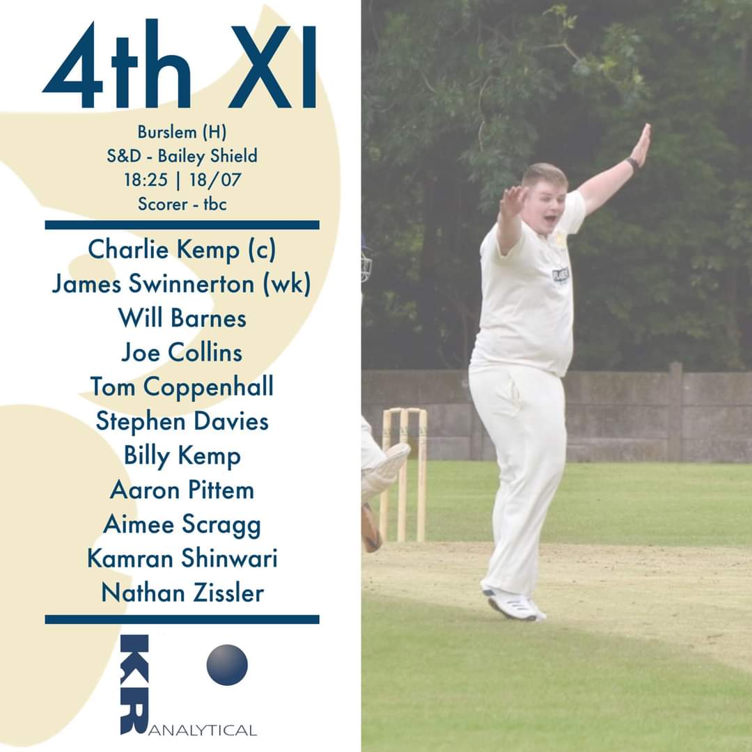 🚨 TEAM NEWS   

The 4th XI are in cup action tomorrow evening, welcoming @burslem_cc to Clay Lane in the 100-Ball S&D Bailey Shield