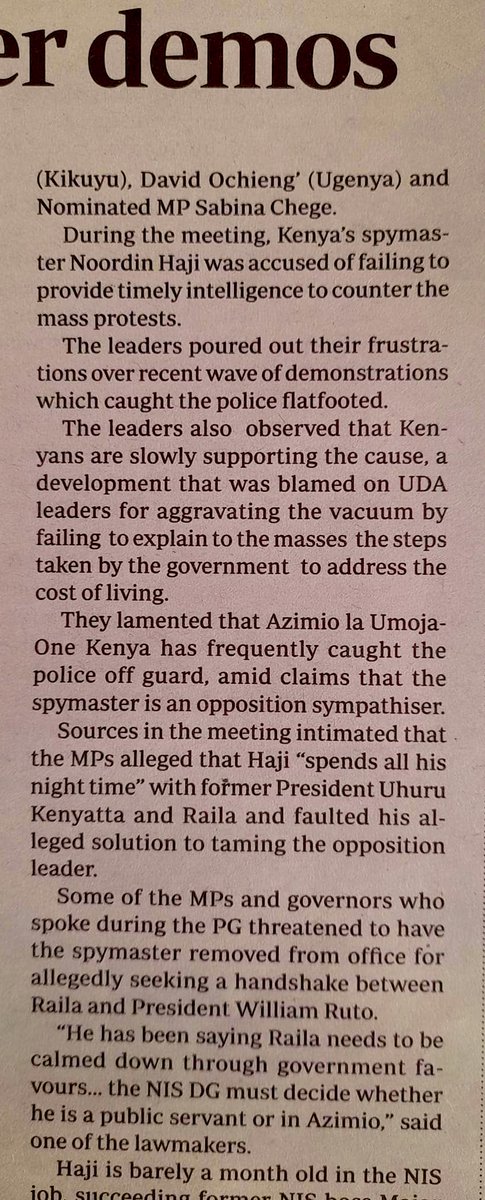 From State House PG meeting reports 
1. Kenyans are slowly supporting demonstrations 
2. Azimio has frequently caught police off guard 
3. Spy master ( DG NIS ) is an Azimio sympathizer. 
4. DG NIS spends time with Uhuru Kenyatta and Raila Odinga. 
#Maandamanowednesday